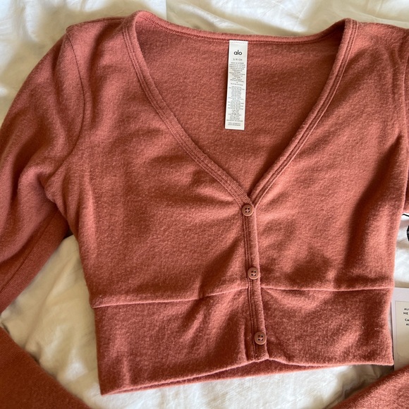 Alo Yoga Alolux Cropped Me Time Cardigan Sweater Top Button Down Soft Terracotta - Picture 6 of 11